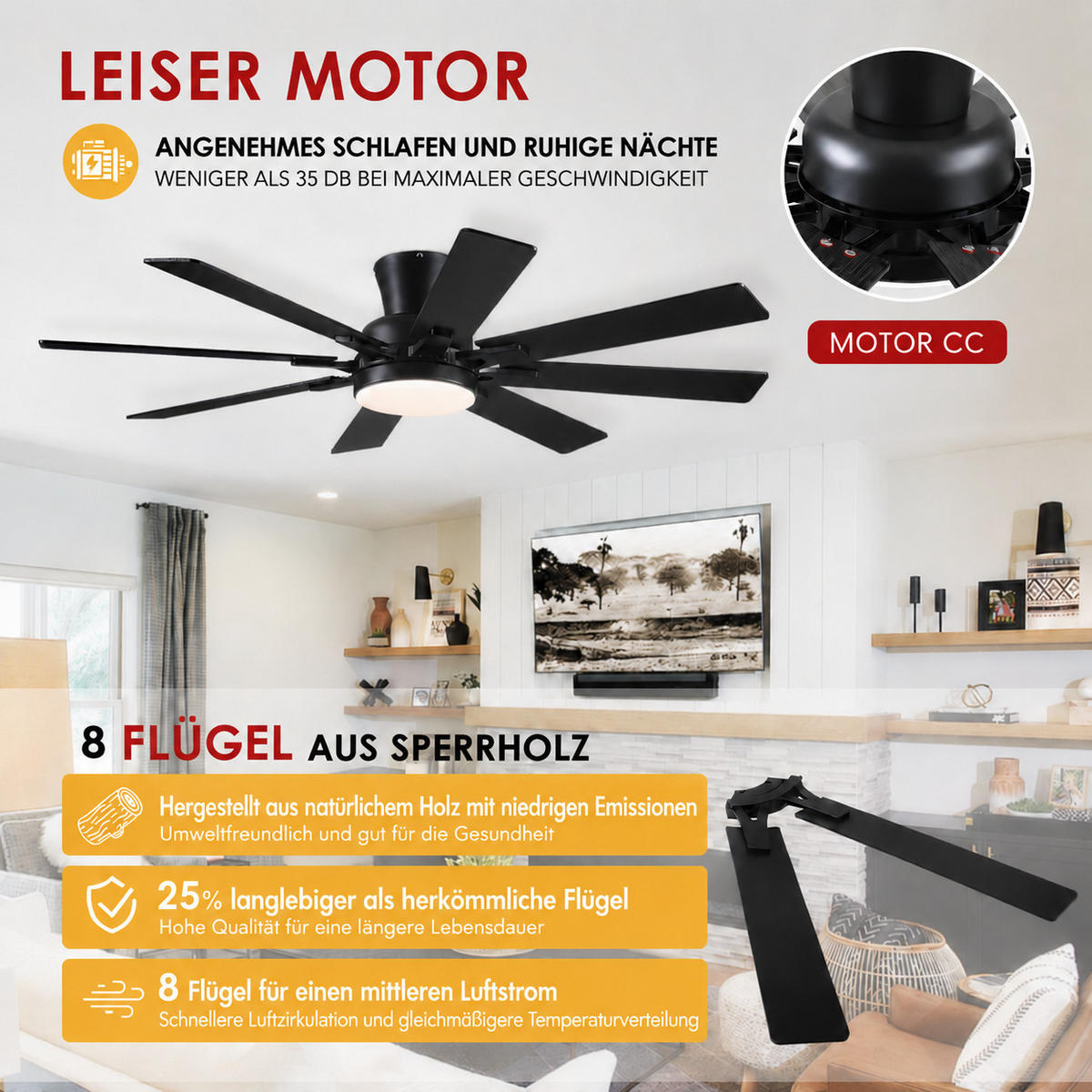 DECKENVENTILATOR Schwarz 132 cm mit 8 Flügeln LED und leisem DC-Motor - Schwarz, Metall (132/132/27cm) - Surtime