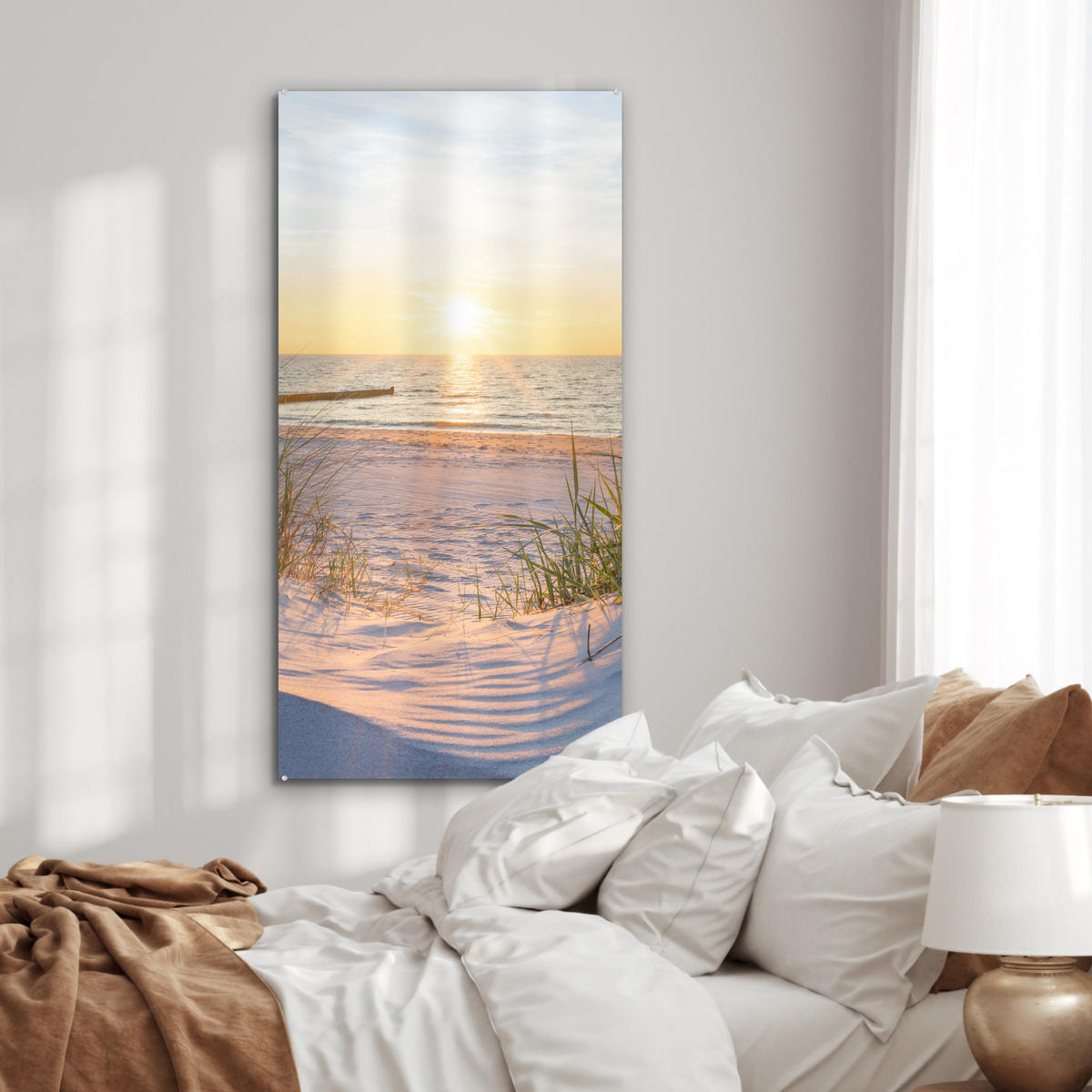 OBRAZ NA AKRYLOVOM SKLE Pláž - Slnko - Duny - Tráva - Piesok - Horizont 60x120 cm - svetlomodrá, sklo (60/120cm) - MuchoWow