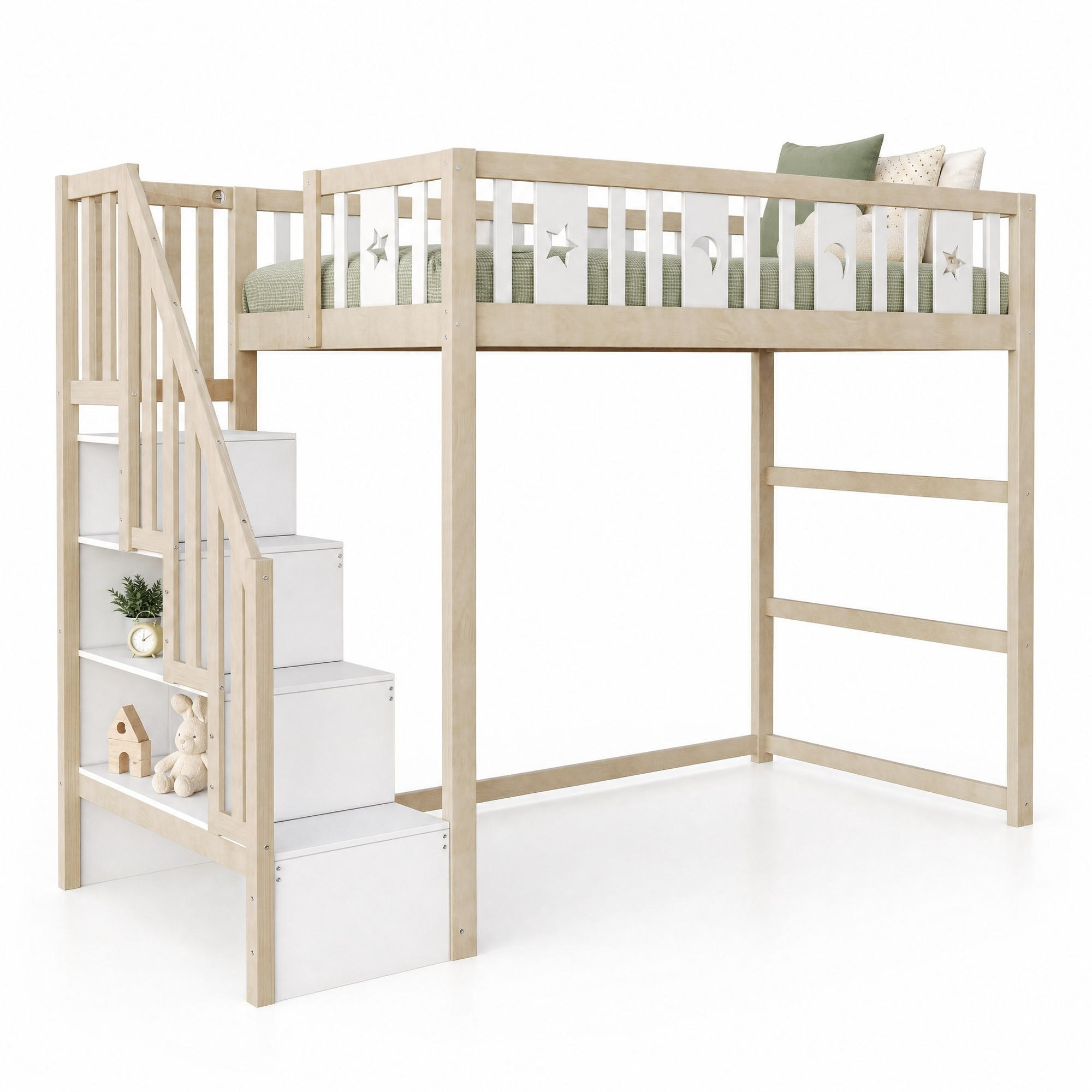 HOCHBETT 90/200 mit Stauraumtreppe, Sicherheitsgeländern und Stern-Mond-Dekor in Holzfarbe - Naturfarben, Holz (90/200cm) - EVRYAE