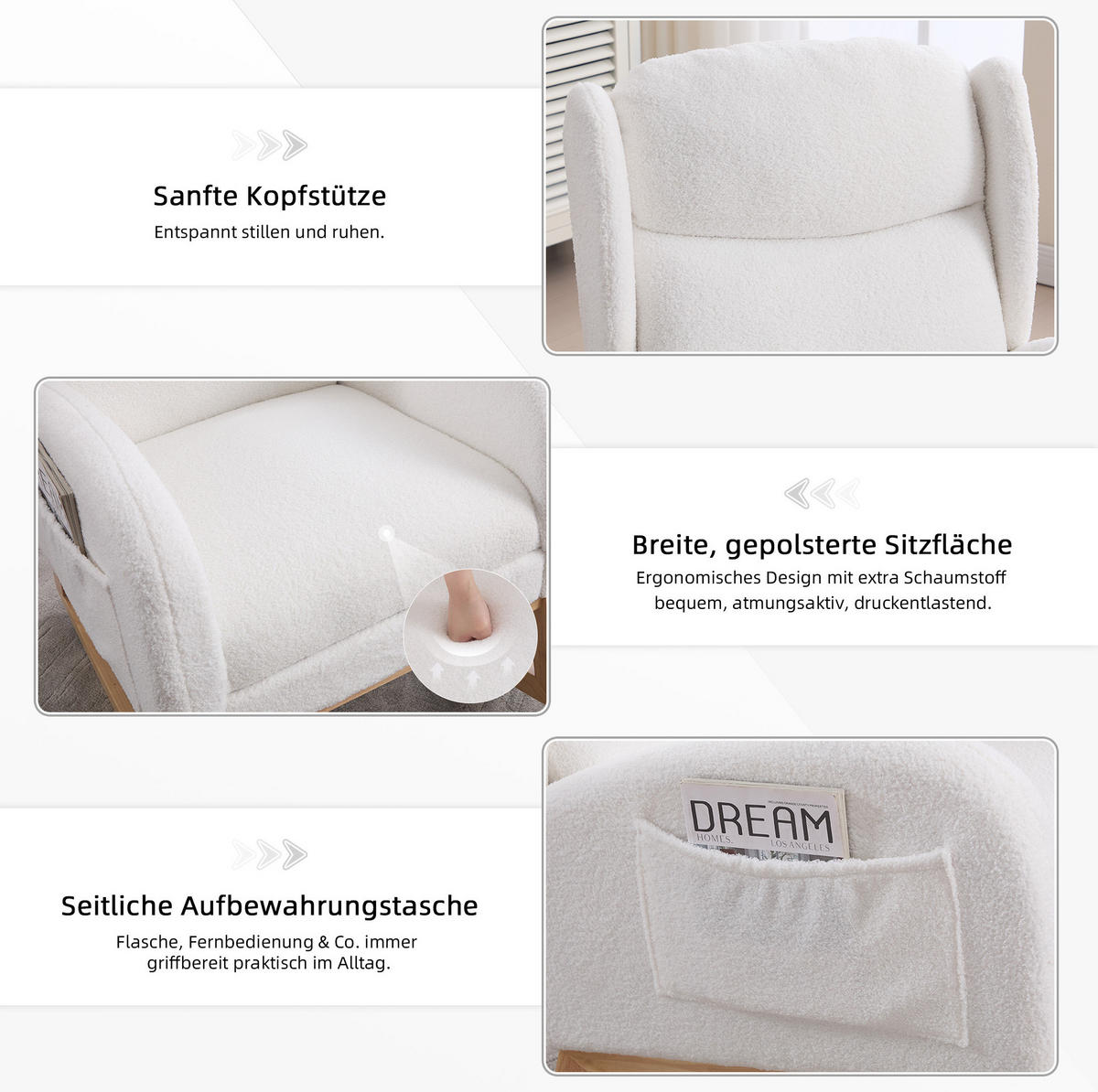 SCHAUKELSTUHL Teddy-Stoff mit ausziehbarer Fußstütze und Tasche 122.5/70/104 cm Weiß - Weiß, Textil (70/104/122.5cm) - Redom