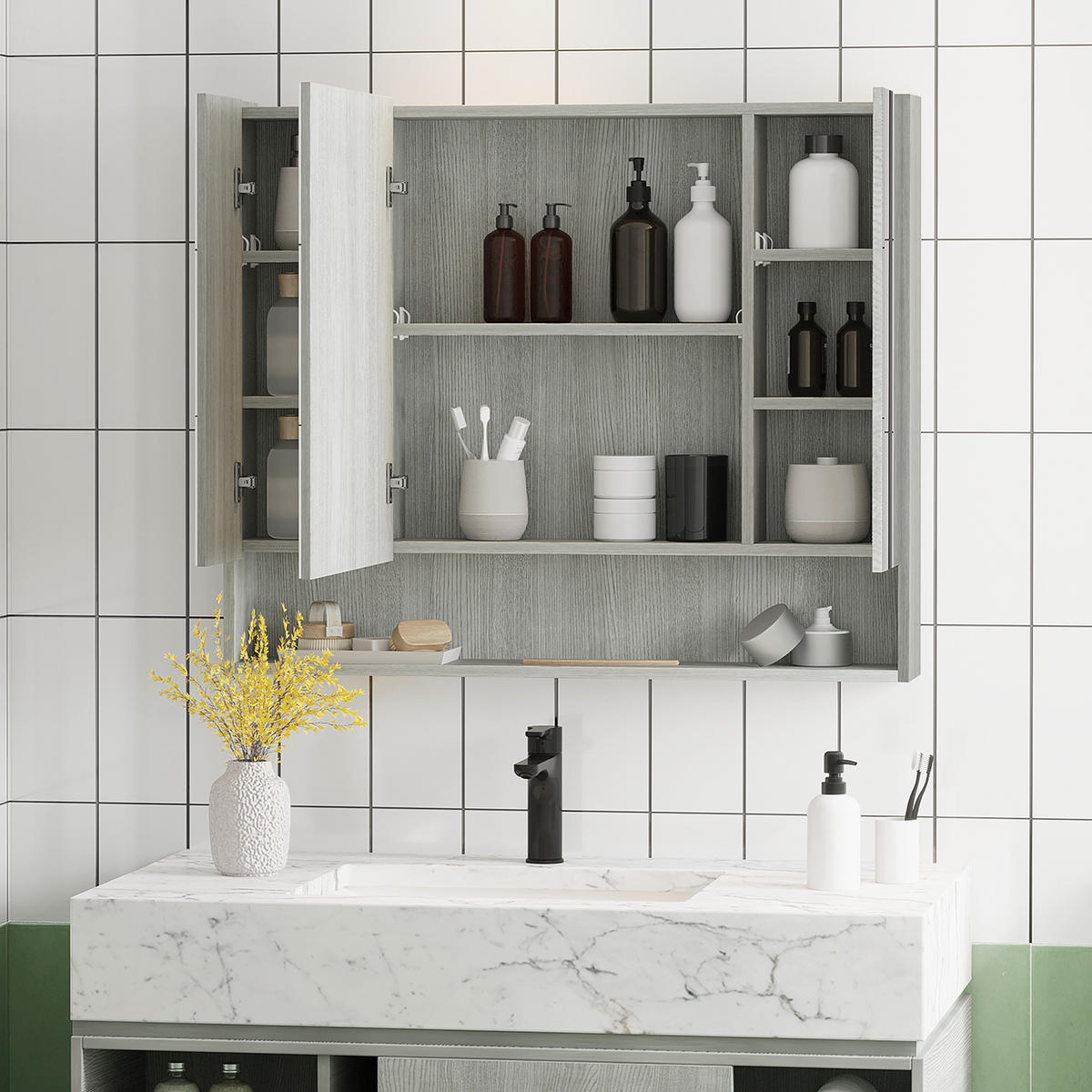 SPIEGELSCHRANK, 3-türiger Spiegelschrank, verstellbare Einlegeböden, 90 x 15 x 75 cm ,grau - Grau, Glas (90/75/15cm) - Vallsero