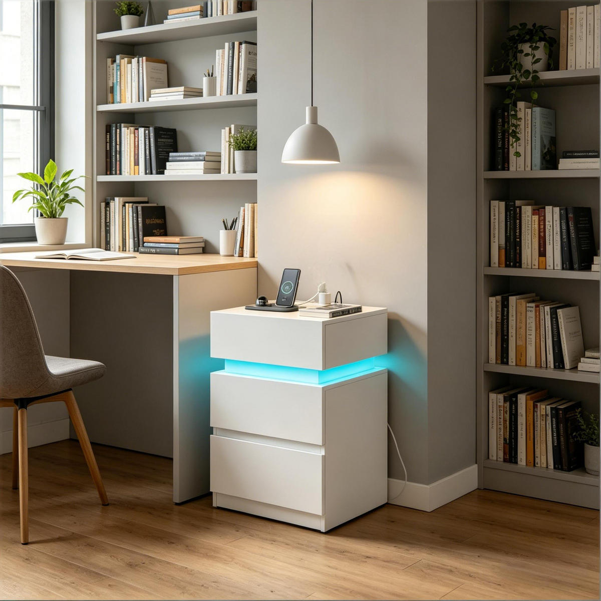 NACHTTISCH-SET 40/35/55 cm in Weiß mit LED-Beleuchtung und USB-Anschlüssen - Weiß, Holzwerkstoff (35/55/40cm) - Flora Grace