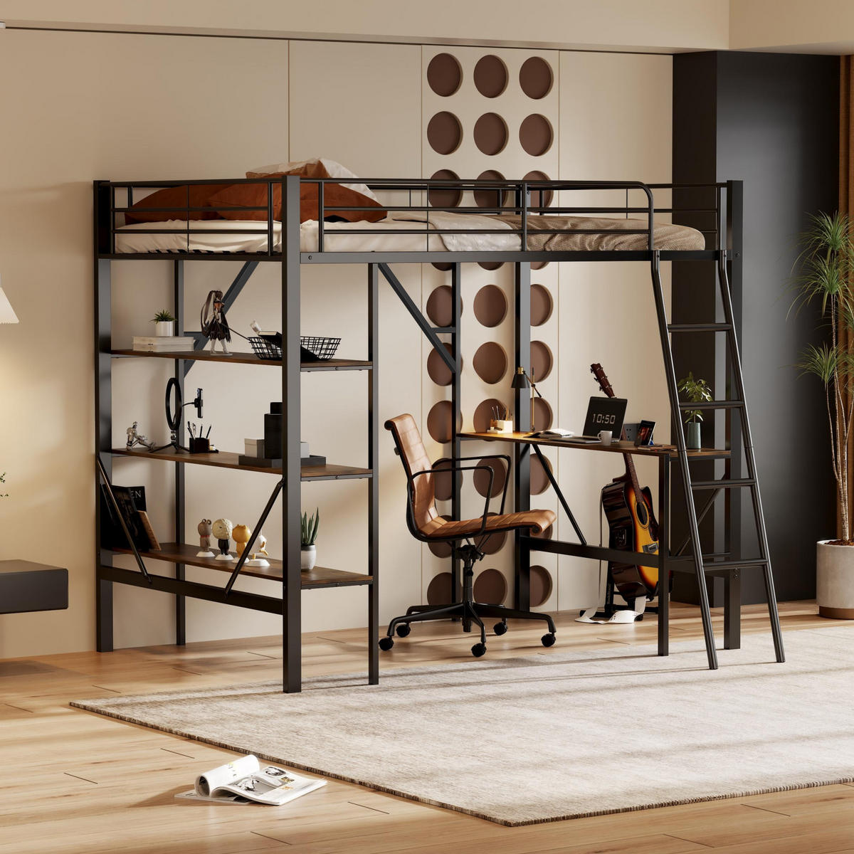 HOCHBETT 90/200 cm aus Metall mit Schreibtisch und Ablagen, Schwarz - Schwarz, Metall (90/200cm) - OKMYHOME