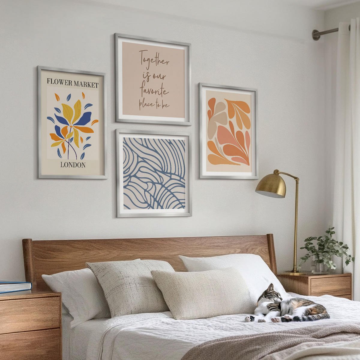 WANDBILDER 4er Set - 50x50 cm & 40x60 cm Silberner Rahmen - Moderne abstrakte Blumen - Silberfarben, Kunststoff (50/50cm) - ArtPrintCave