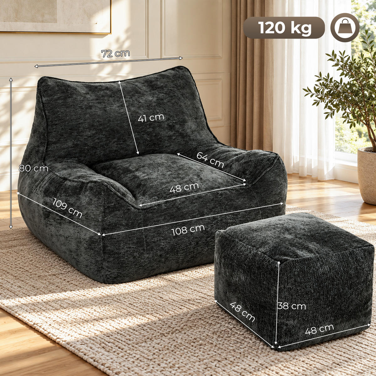 SITZSACK mit Hocker Polyester Grau - Grau, Textil (108/80/109cm) - HOMCOM