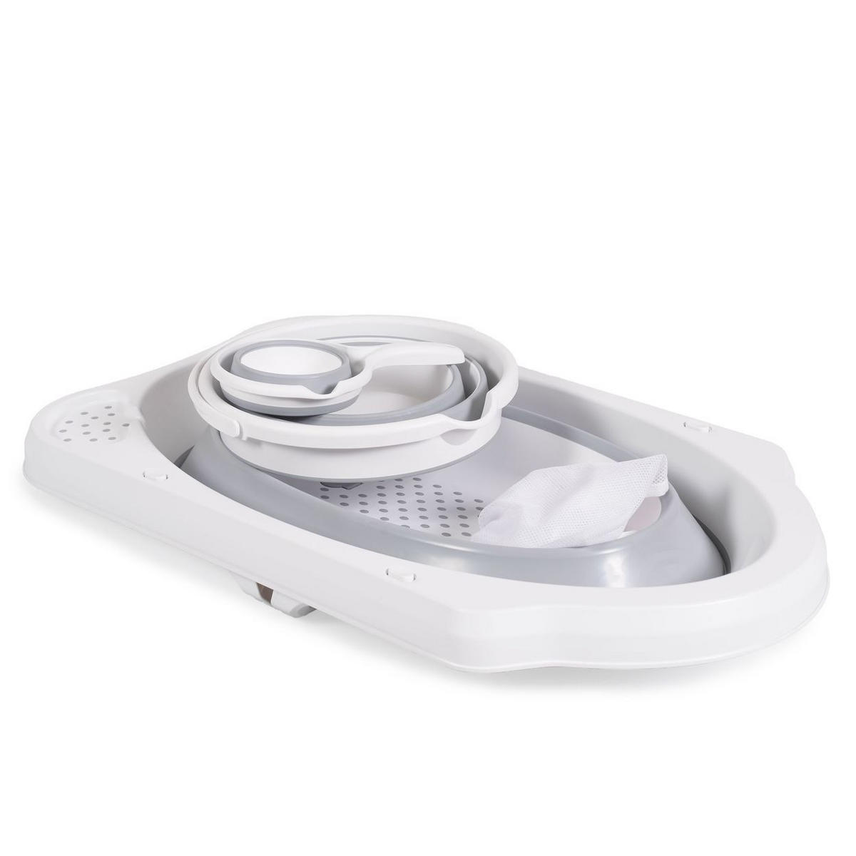 BABYBADEWANNE Set Hawaii grau 4-teilig faltbar Wasserablauf Ablagefächer Netz - Grau, Kunststoff (48/80cm) - Cangaroo