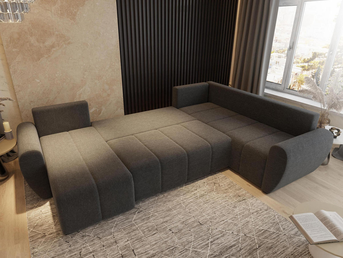 WOHNLANDSCHAFT MADISON XL R-S Hellgrau Dünner Stoff mit Schlaffunktion - Hellgrau, Holz (303/82/208cm) - MASSENO