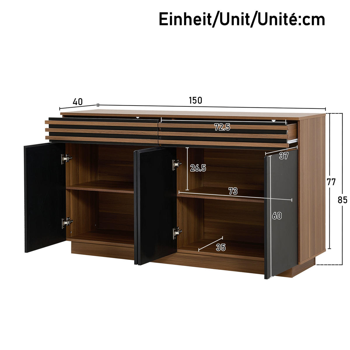 SIDEBOARD 2 Schubladen, 4 Türen, braune Holzoptik & schwarze Türen Viel Stauraum für Wohnzimmer, Esszimmer & Küche - Walnussfarben, Holzwerkstoff (150/85/40cm) - Urban Meuble