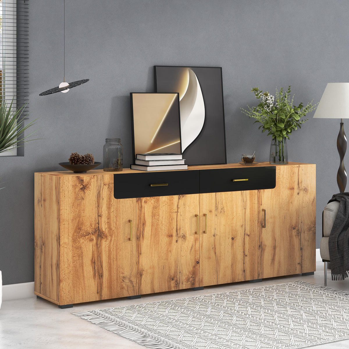 SIDEBOARD 208/39,5/80 cm, 2 Schubladen und 4 Türen, braun/weiß-marmoriertes Design, Spanplatte/MDF, braun/weiß - Braun, Holzwerkstoff (208/80/39.5cm) - Redom
