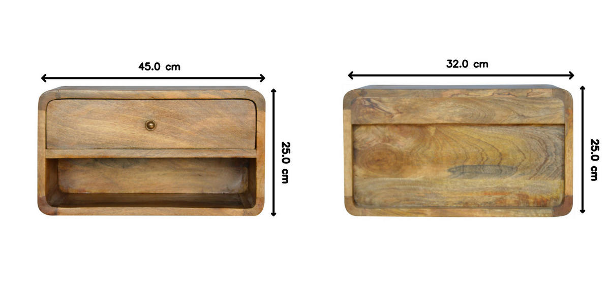 NACHTTISCH aus Massivholz, Wandmontiert, 1 Schublade, 1 offenes Regal, Beige - Eichefarben/Messingfarben, Holz/Metall (45/25/32cm) - Artisan Furniture