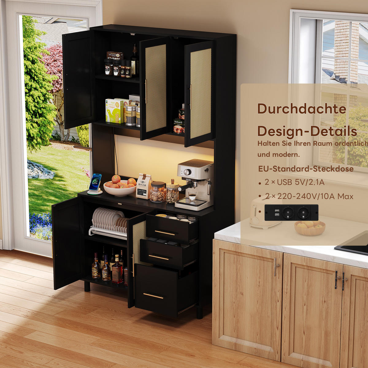 KÜCHENANRICHTE 100x40x183 cm, 3 Schubladen, 2 Steckdosen, 2 USB-Anschlüsse, LED-Beleuchtung, verstellbare Einlegeböden, Rattan, Goldgriffe, Schwarz - Schwarz, Holzwerkstoff (100/183/40cm) - FOHERE