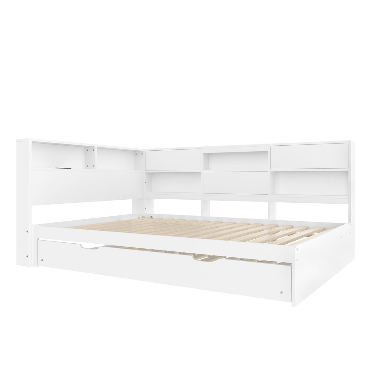 POLSTERBETT aus Kiefernholz 140x200 cm in Weiß mit Ausziehbett & Kopfteil-Stauraum - Weiß, Holz (90/200cm) - Modfu