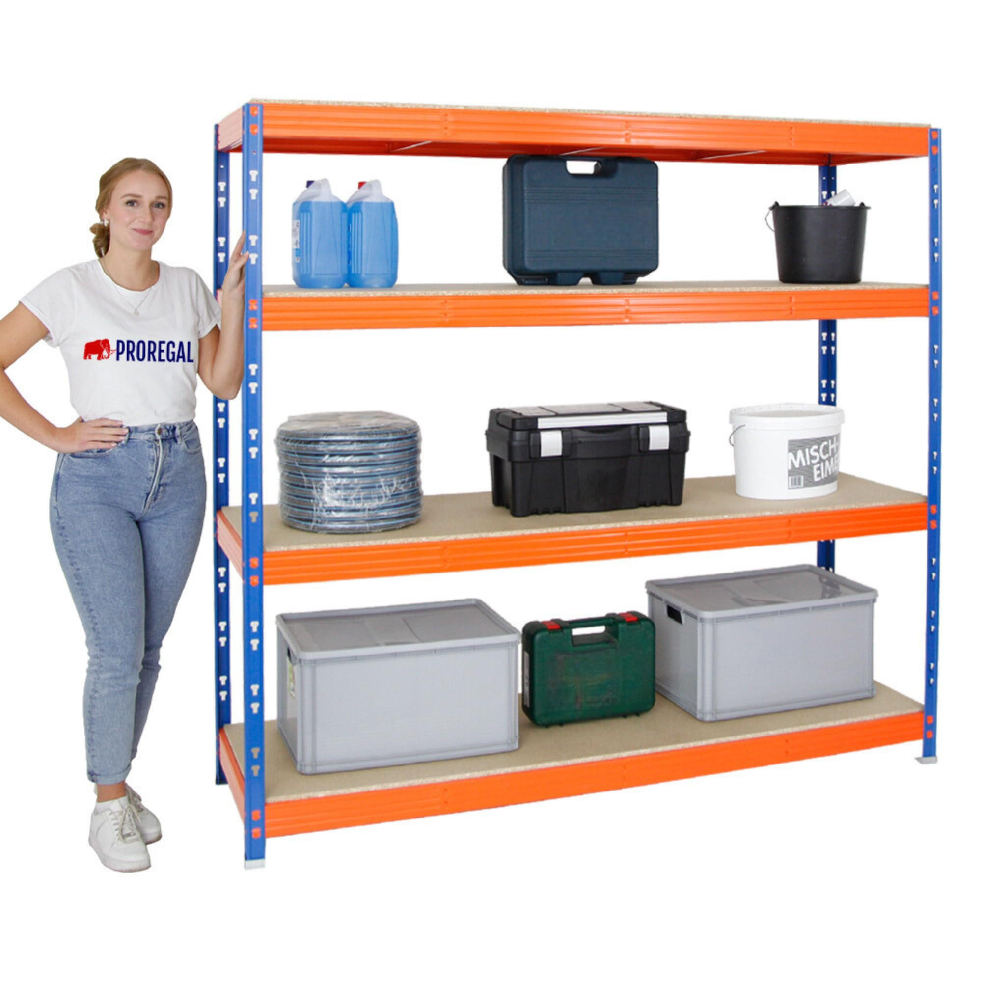 SCHWERLASTREGAL Rhino 180x200x60 cm 4 Spanplatten-Ebenen 16mm Fachlast 500 kg Blau/Orange - Blau/Orange, Metall (200/180/60cm) - PROREGAL