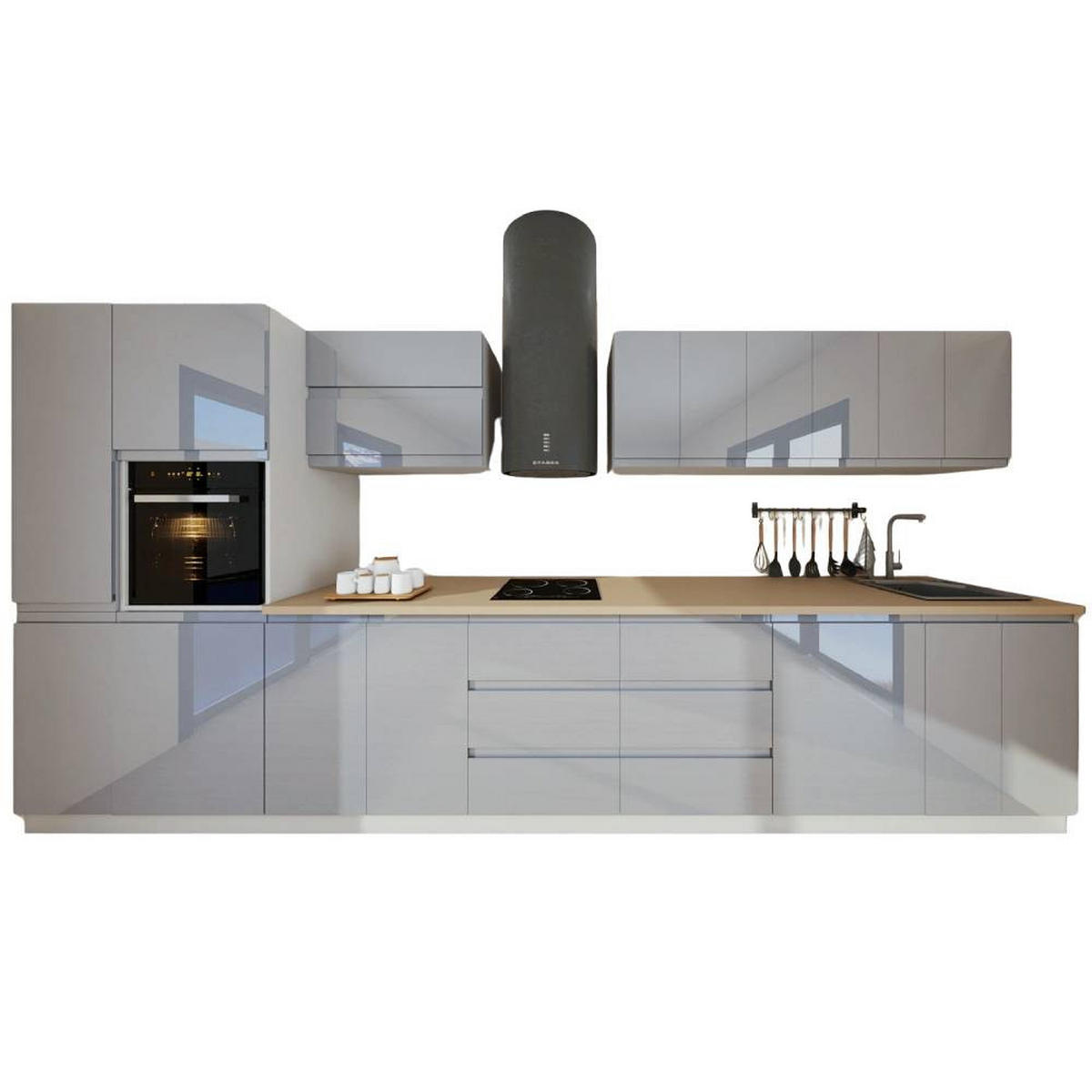 KÜCHENZEILE 420 cm - Aspen KA6-M420 - in Grau/Hochglanz - Grau, Holz (420/212/58cm)