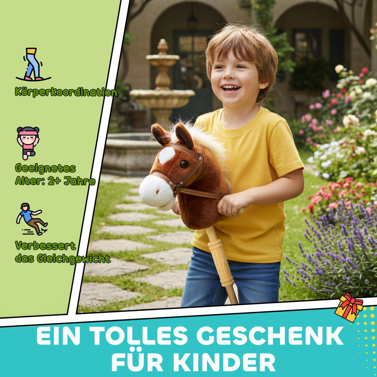 STECKENPFERD Kinder Steckenpferde mit Sound, Griffe, Rolle Stockpferd zum Reiten - Braun, Textil (25/95cm) - AIYAPLAY