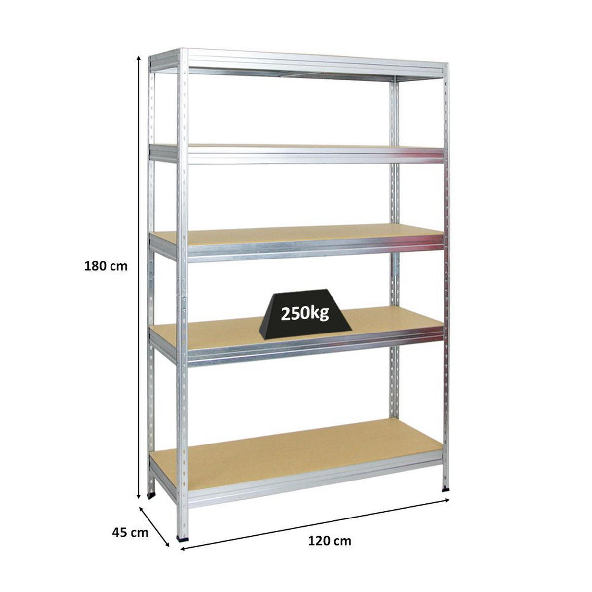 SCHWERLASTREGAL Rivet 180x120x45 cm Fachlast 250 kg Innovatives Stecksystem Verzinkt - Silberfarben, Metall (120/180/45cm) - PROREGAL
