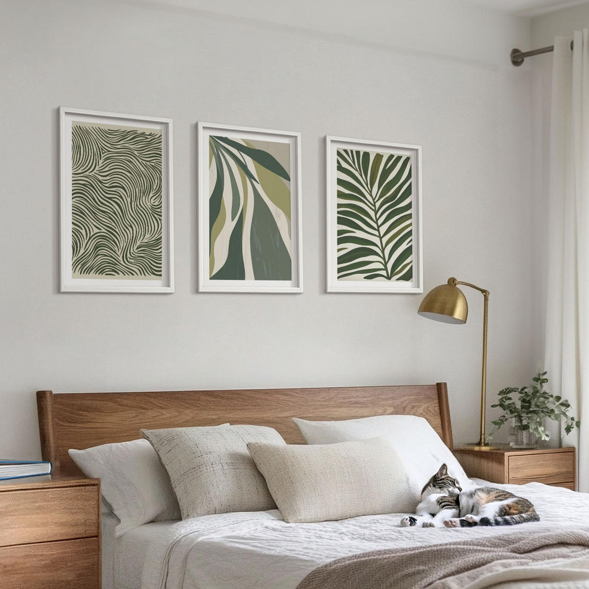 BILDER SET 3er Set - 40x60 cm Weißer Rahmen - Blätter mit wellenförmigen grünen Linien - Weiß, Kunststoff (40/60cm) - TULUP
