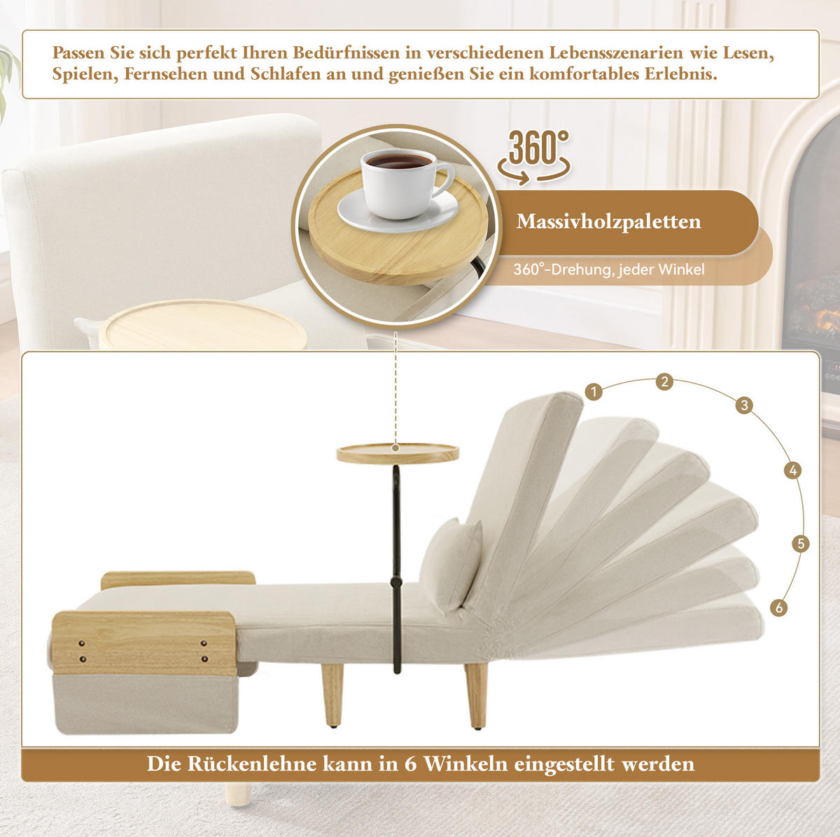 SESSEL 88/74,5/66 cm mit Schlaffunktion und Holztablett in Beige - Beige, Textil (88/74.5/66cm) - BEAOK