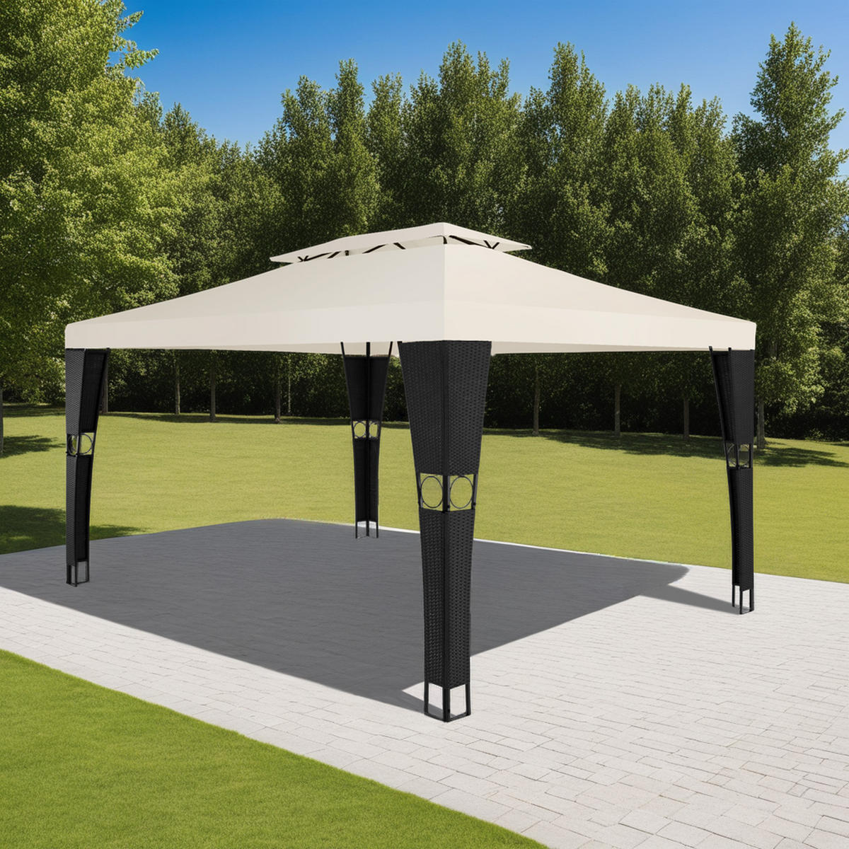 RATTAN GARTENPAVILLON Mona,inklusive Heringen,schwarz/creme - Creme/Schwarz, Kunststoff (300/265/400cm) - tectake
