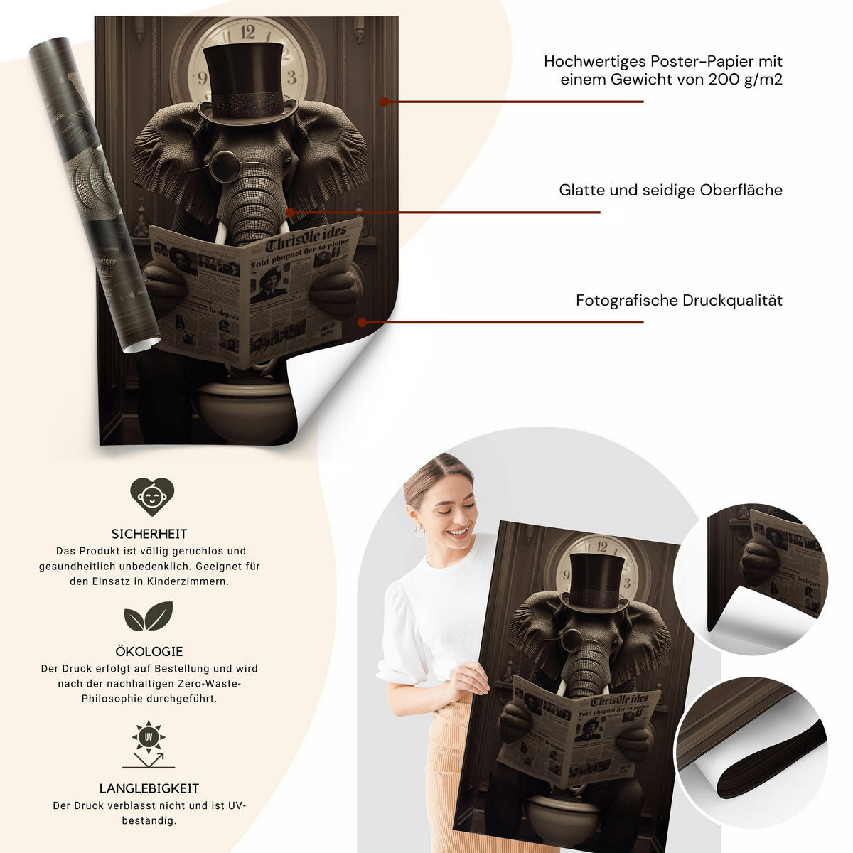 POSTER für WC Badezimmer ELEFANT in Toilette Retro Zeitung Abstraktion 30x40cm - Beige/Schwarz, Papier (30/40/40cm) - Muralo