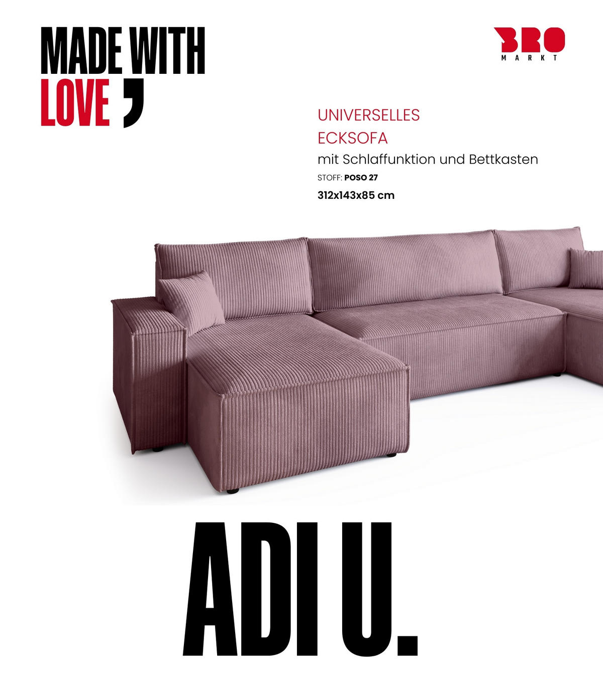 WOHNLANDSCHAFT ADI U mit Schlaffunktion Cordstoff Puderrosa - Pink, Textil (312/85/143cm) - Bromarkt