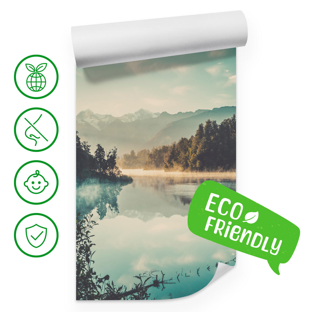 FOTOTAPETE für Esszimmer Bergsee Wald Bäume Nebel 200x140 - Türkis/Gelb, Papier (200/140cm) - Muralo