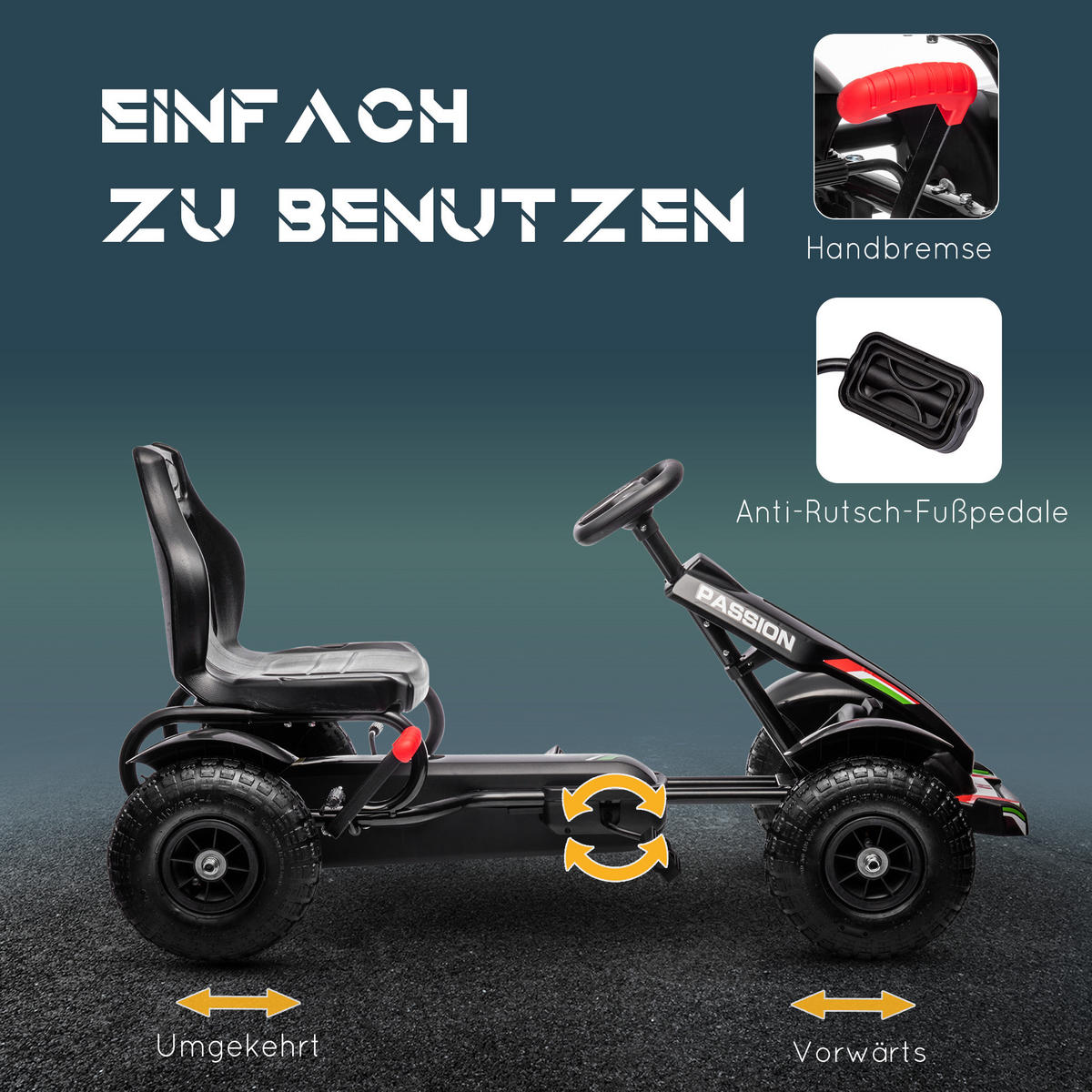 KINDER GO KART TRETAUTO, Schwarz, Kunststoff+ Metall - Schwarz, Metall (121/58/61cm) - HOMCOM