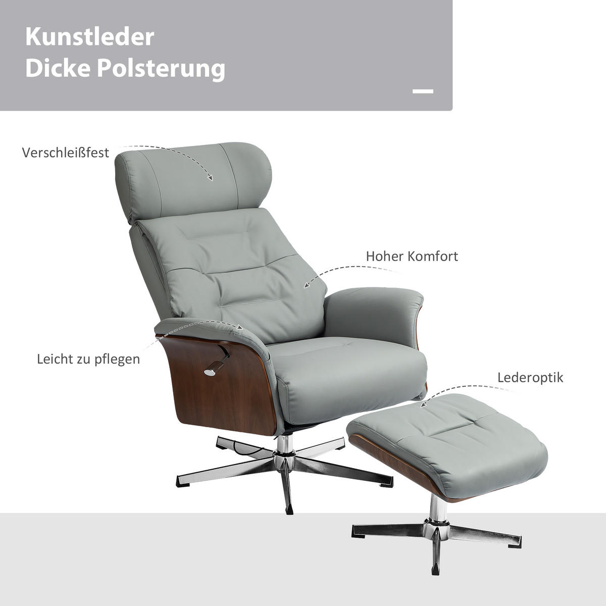 RELAXSESSEL mit Hocker, Fernsehsessel mit Liegefunktion, verstellbare Kopfstütze - Hellgrau, Kunststoff (84/108/80cm) - HOMCOM