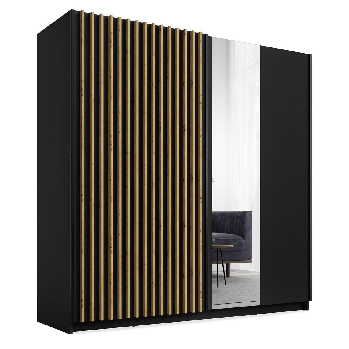 SCHIEBETÜRENSCHRANK CASTARI Schwarz / Artisan Eiche - Schwarz/Eiche Artisan, Holzwerkstoff (200.2/198.5/62cm) - KONSIMO®