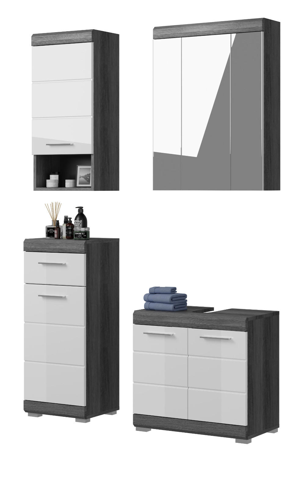BADMÖBEL-SET weiß Hochglanz, grau 4-teilig 112 cm, Badkombination mit 16 Fächern - Weiß Hochglanz, Holzwerkstoff/Metall (112/191/34cm) - Inn.Furn