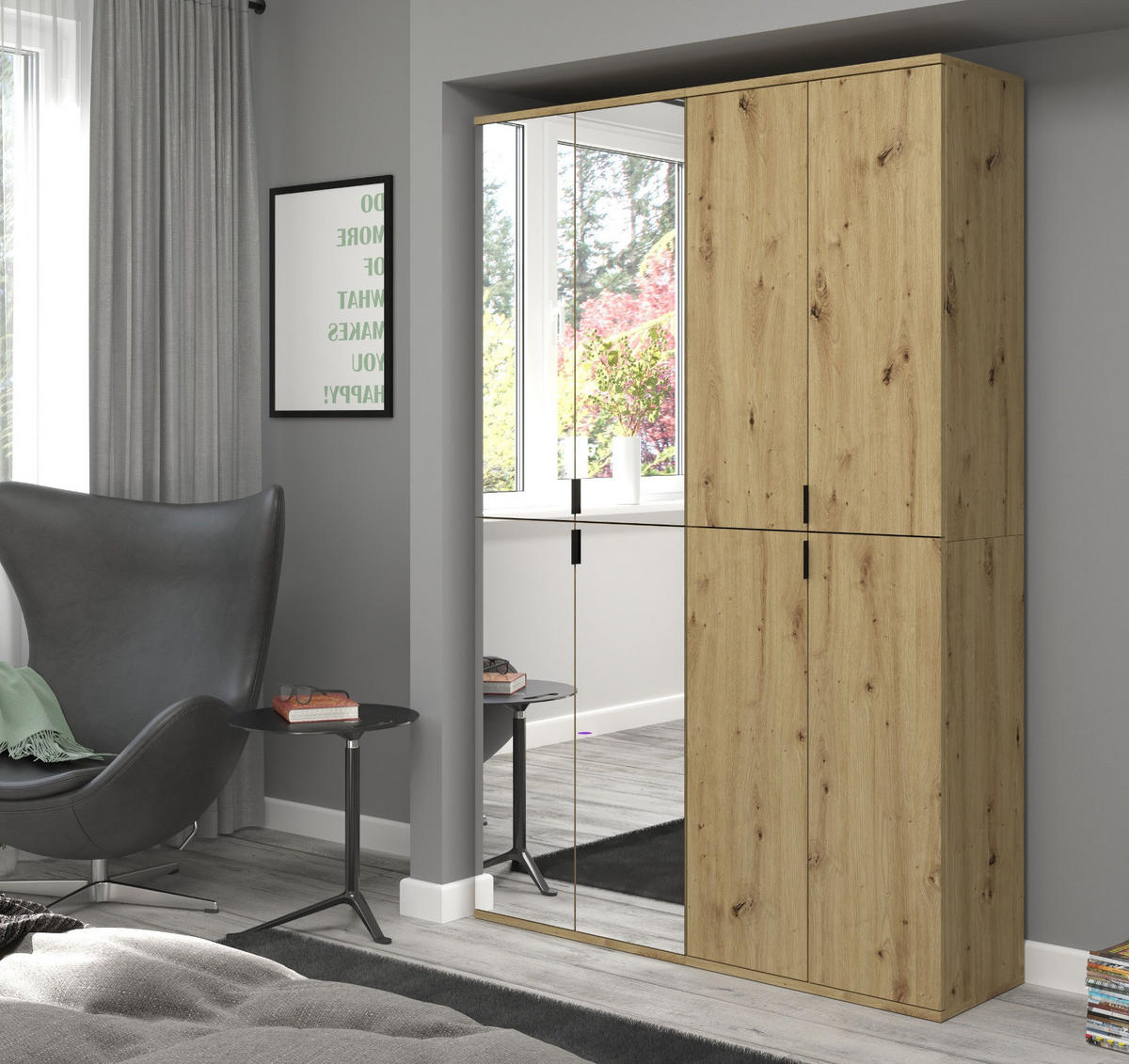 GARDEROBENSCHRANK Eiche 122 cm, Flurschrank mit Spiegel - Chromfarben/Schwarz, Glas/Holzwerkstoff (122/193/34cm) - Inn.Furn