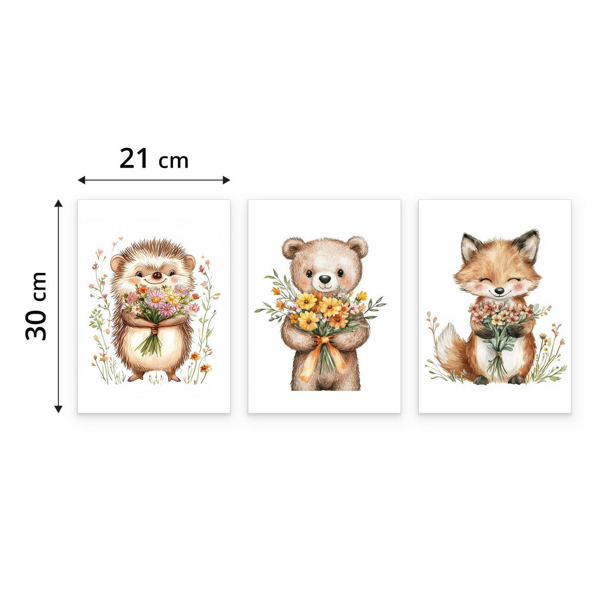 POSTER SET ohne Rahmen für Kinder WALDTIERE Blumen Pflanzen 3x Poster A4 21x30cm - Gelb/Beige, Papier (21/30/1cm) - Muralo