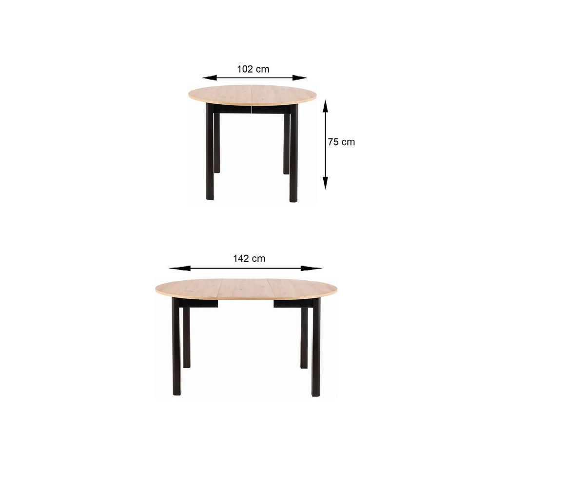 ESSTISCH rund ausziehbar Eiche Artisan Schwarz 102x75 cm - Schwarz/Eiche Artisan, Holzwerkstoff (102/102/75cm) - designimpex