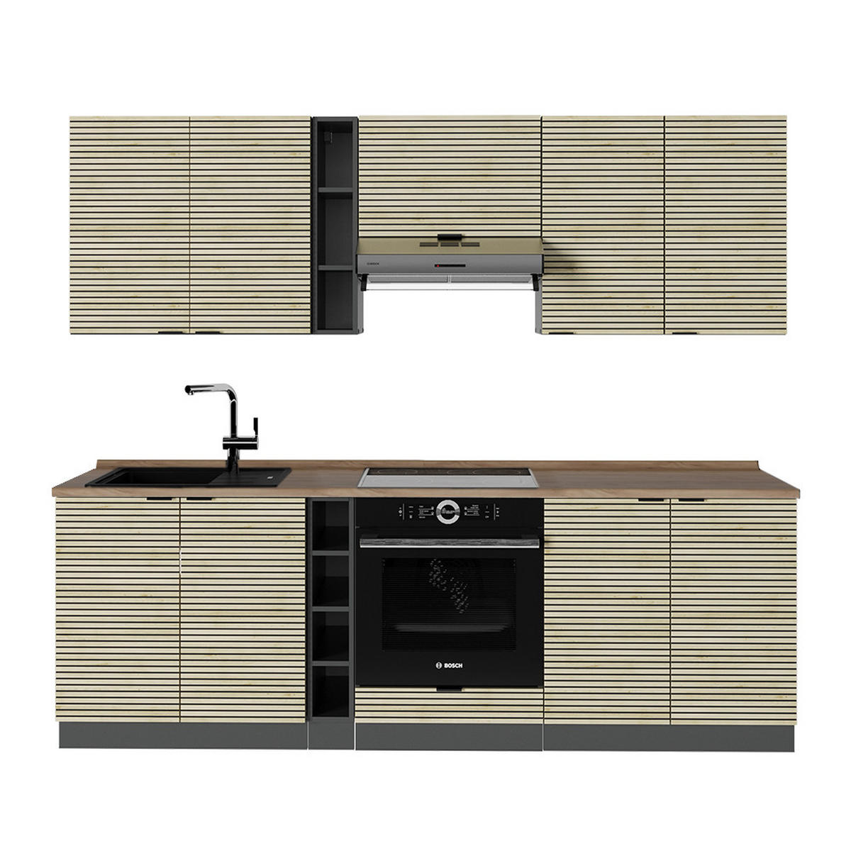 KÜCHENZEILE Fame-Line Eiche Paneel/Anthrazit 235 cm , AP Eiche - Hellbraun/Eichefarben, Holzwerkstoff (235/81.6/60cm) - Vicco