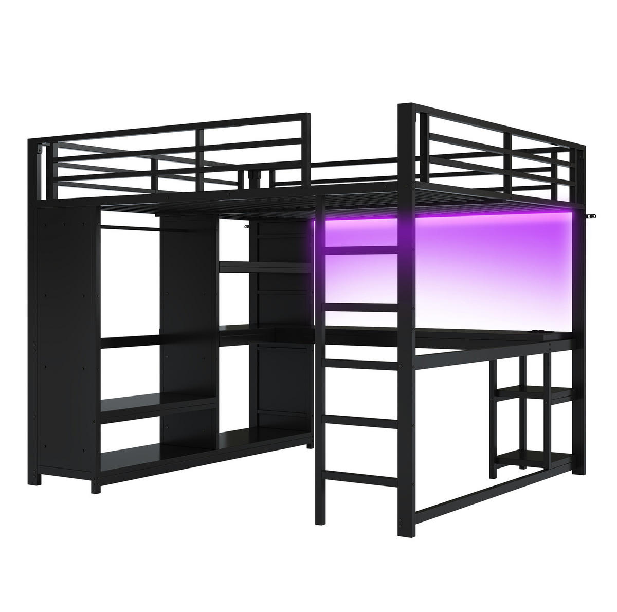 HOCHBETT aus Metall 160x200 cm Schwarz mit LED, Schreibtisch und offenem Kleiderschrank - Schwarz, Metall (90/200cm) - Modfu