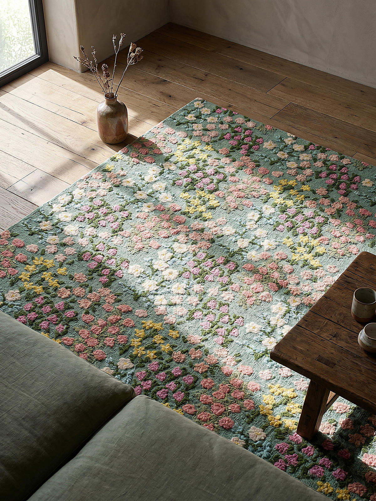 WOLLTEPPICH Floral Muster, Naturmotive, Schlafzimmer Multicolor-Grün Rechteckig 160x230 - Grün, Textil (230/160cm) - KADIMA DESIGN