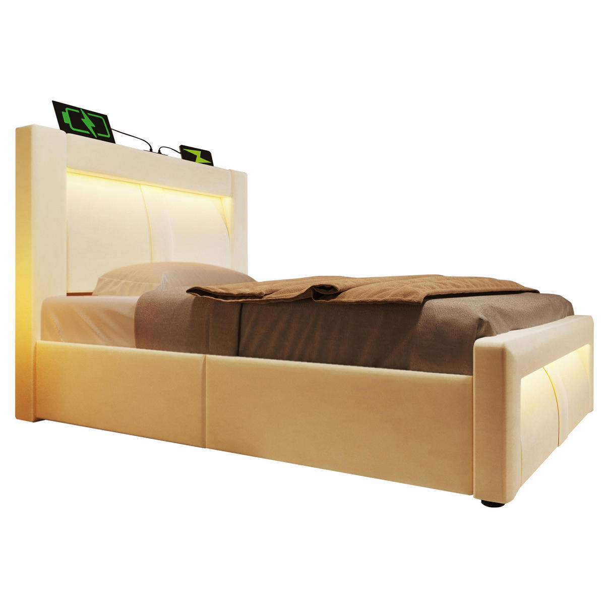 POLSTERBETT 90/200 cm Beige mit Stauraum, LED-Beleuchtung und Matratze - Beige, Textil (90/200cm) - Flora Grace