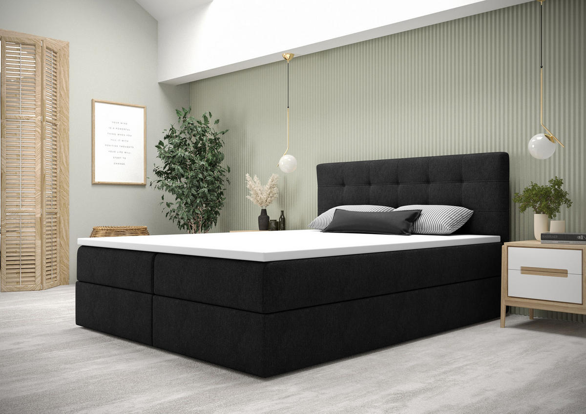 BOXBETT FADO 2 200x200, mit Matratze H3 und Topper, Cosmic 100 - Schwarz, Holz/Kunststoff (200/200cm) - Bedante