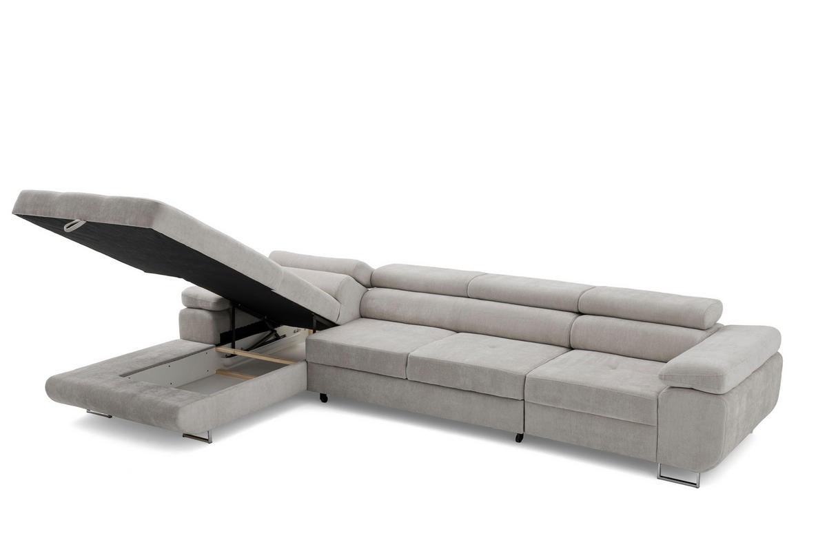 ECKSOFA ALONZO MAXI Links mit Schlaffunktion 125x195 Chenille Grau - Chromfarben/Grau, Holz/Textil (350/203cm) - Muffo