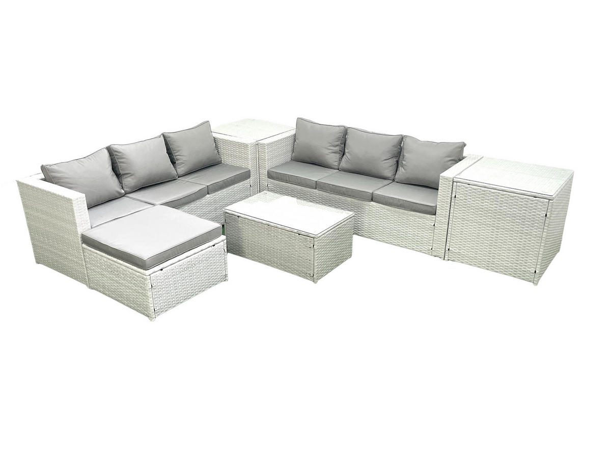 GARTENGARNITUR mit 3-SITZER SOFA,COUCHTISCH Polyrattan Hellgrau-Mix 7-Sitzer - Hellgrau/Grau, Glas/Kunststoff - Fimous