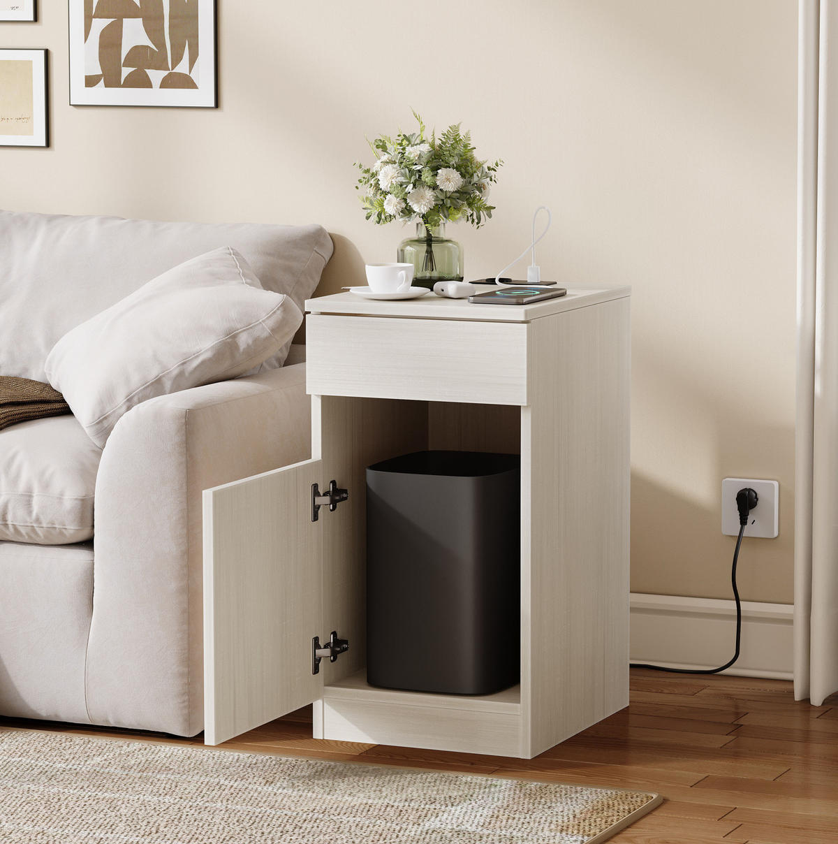 NACHTTISCH 33/61,5/40 cm Weiß aus MDF mit Ladestation - Weiß, Holzwerkstoff (33/61.5/40cm) - OKMYHOME