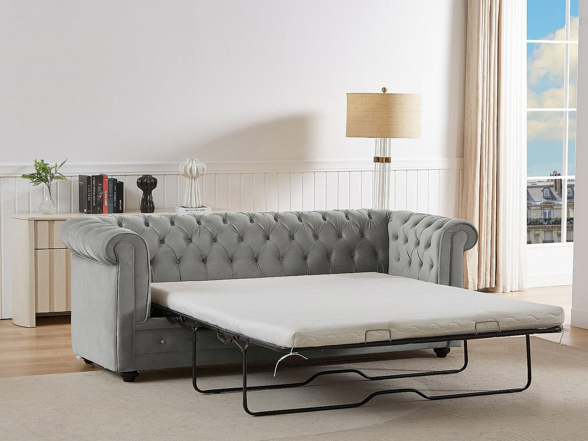SOFA mit Schlaffunktion 3-Sitzer - Samt - Hellgrau - CHESTERFIELD - Hellgrau, Textil (204/85/89cm) - Vente-Unique