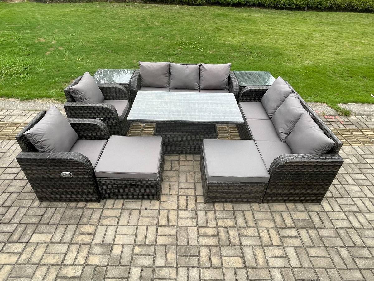GARTENSOFA SET Polyrattan 10-Sitzer - Dunkelgrau/Grau, Glas/Kunststoff - Fimous