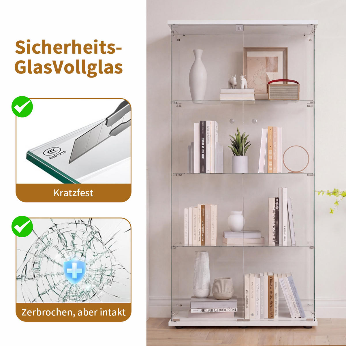 GLASVITRINE Weiß mit 2 Tür 4 Etagen mit Schloss - Weiß, Glas (36.32/164.34/80.52cm) - BPKADHY