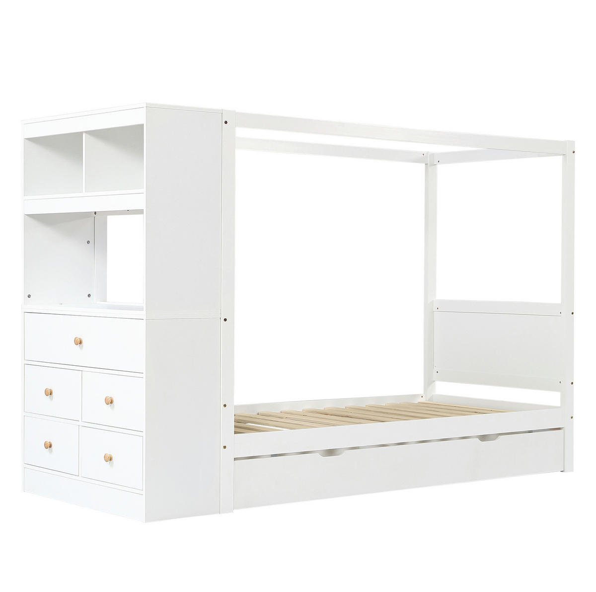 KINDERBETT 90/200 cm in Weiß mit Fallschutz, Stauraum und Himmelstange - Weiß, Holzwerkstoff (90/200cm) - BEAOK