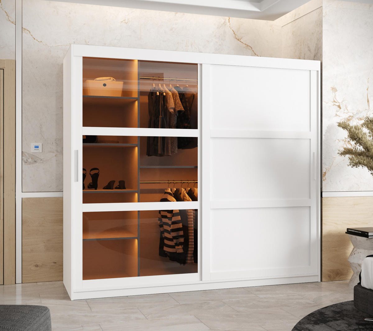 SCHWEBETÜRENSCHRANK 200/200/62 2-türig - Silberfarben/Weiß, Holz/Kunststoff (200/200/62cm) - Abiks Möbel