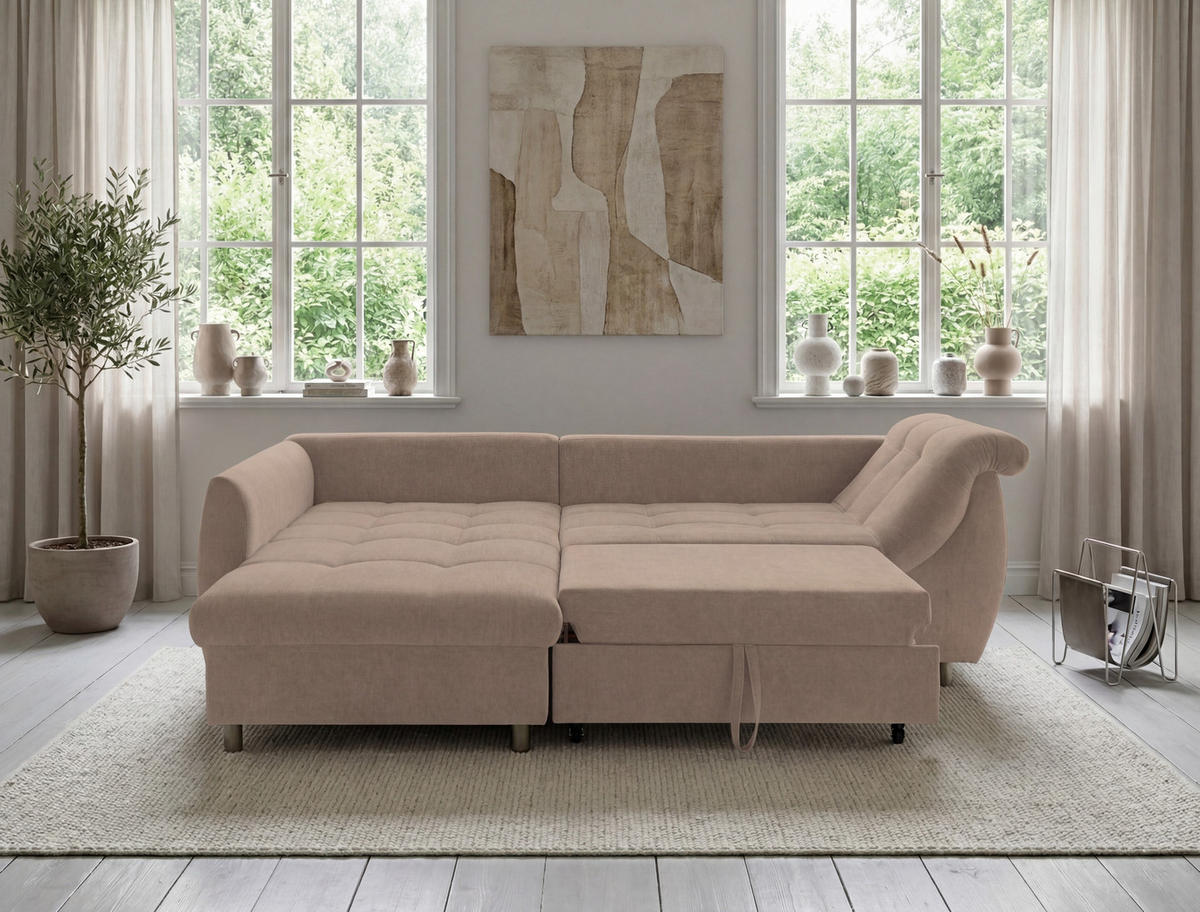 ECKSOFA mit Schlaffunktion, Wellenunterfederung, Ottomane links B250/T190/H84 cm, Liegefl. 179x190 cm, Mikrofaser Hellbraun / 17012 - Hellbraun/Chromfarben, Textil/Metall (250/190cm) - luma-home