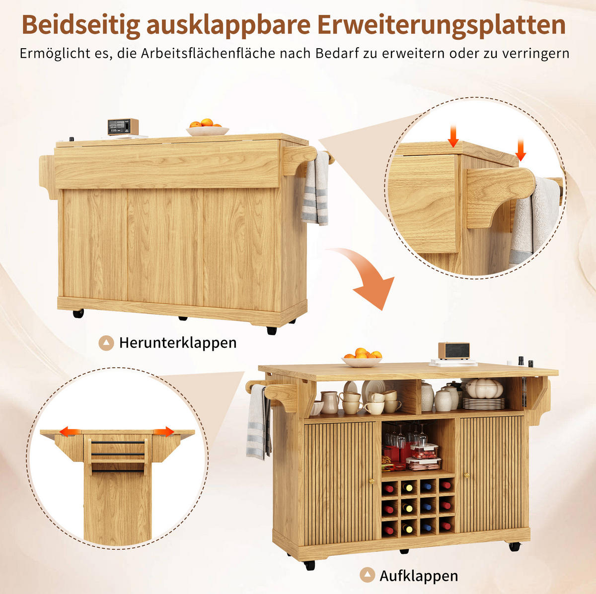SERVIERWAGEN mit ausklappbaren Tischenden und Stauraum 142,5 cm Natural Wood - Naturfarben, Holz (80/95/142.5cm) - Beauniv