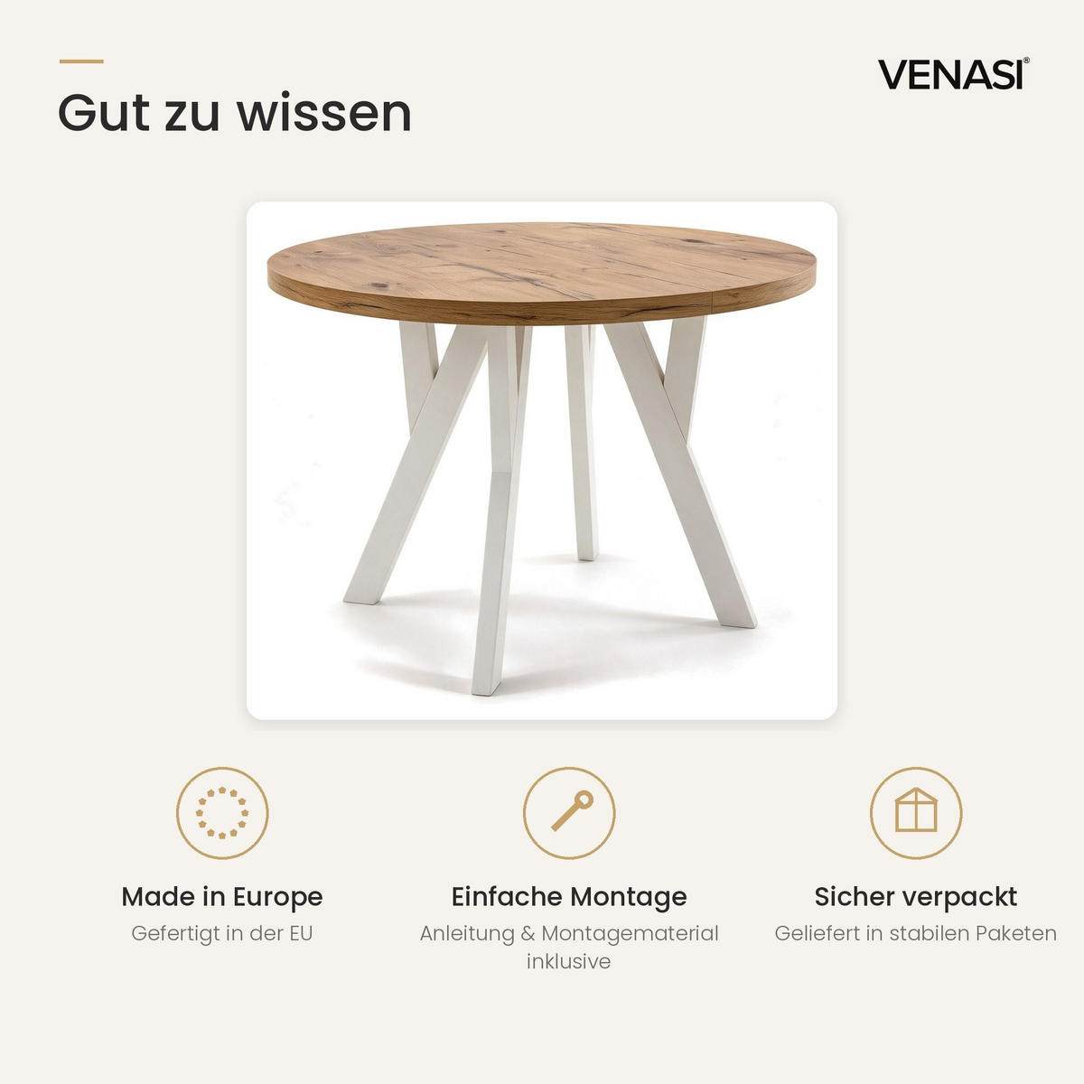 ESSTISCH ausziehbar rund ATO, 100-200 cm, Dekor Lancelot, weiße Holzbeine - Weiß/Braun, Holzwerkstoff/Buchenholz (100/100/77cm) - VENASI MÖBEL