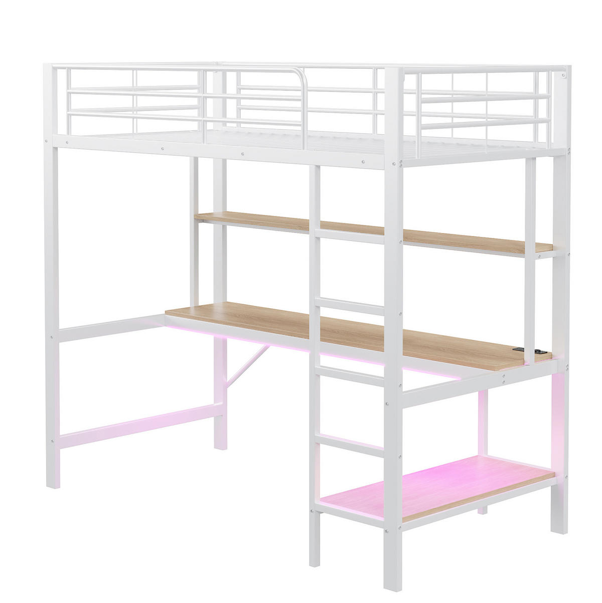 HOCHBETT 90/200 cm mit Schreibtisch, Regal, LED, USB und Steckdose, Metall/MDF, Weiß - Weiß, Metall (90/200cm) - Redom